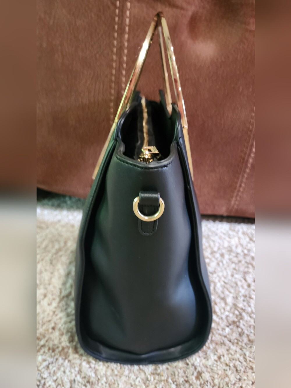 Chic Miztique Black Vegan Leather Satchel with Sculptural Gold Handles - Picture 7 of 14